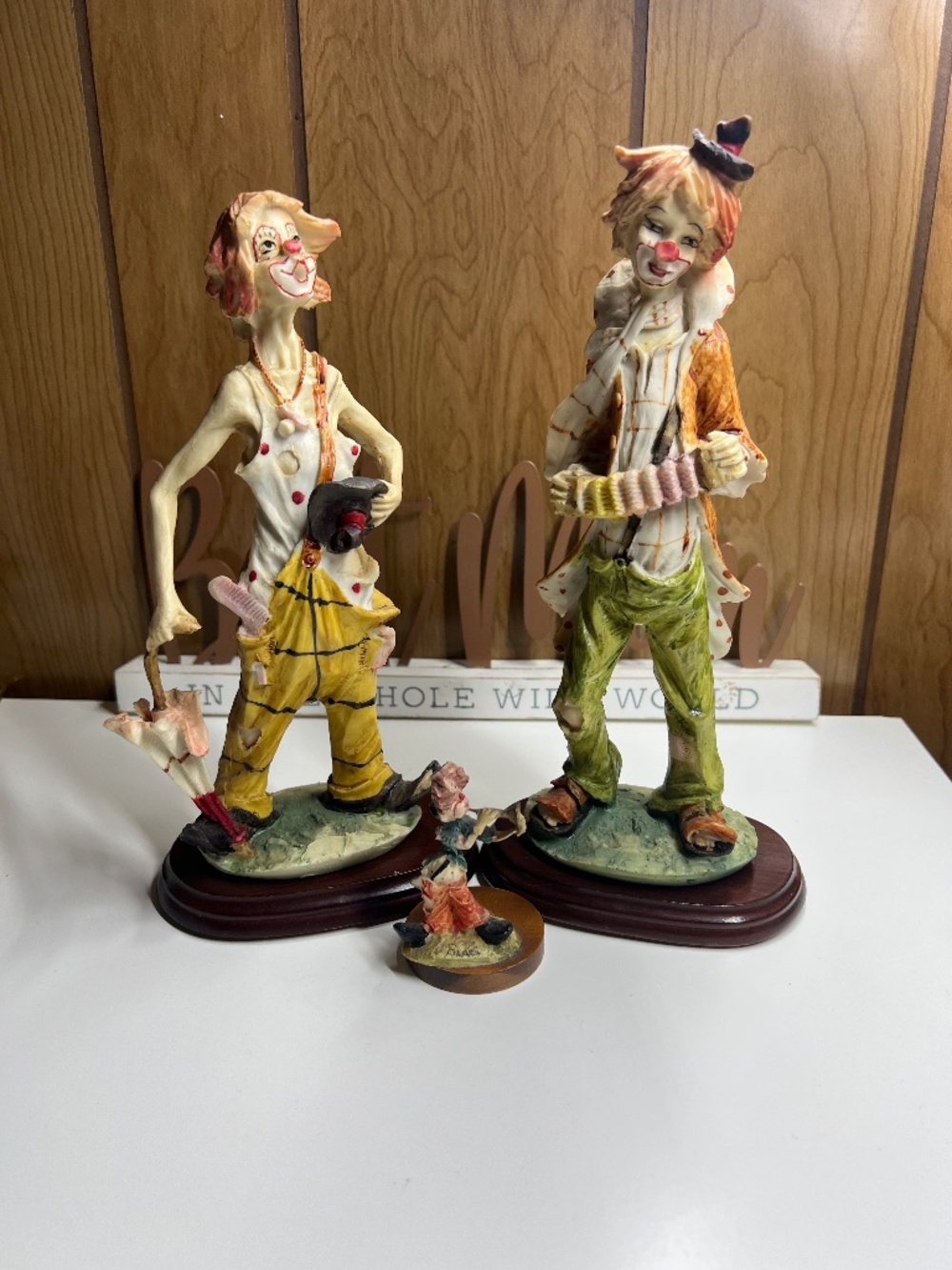 Vintage Clown Figurines Lot of 3 on Wooden Base (Taiwan) Accordion & Umbrella